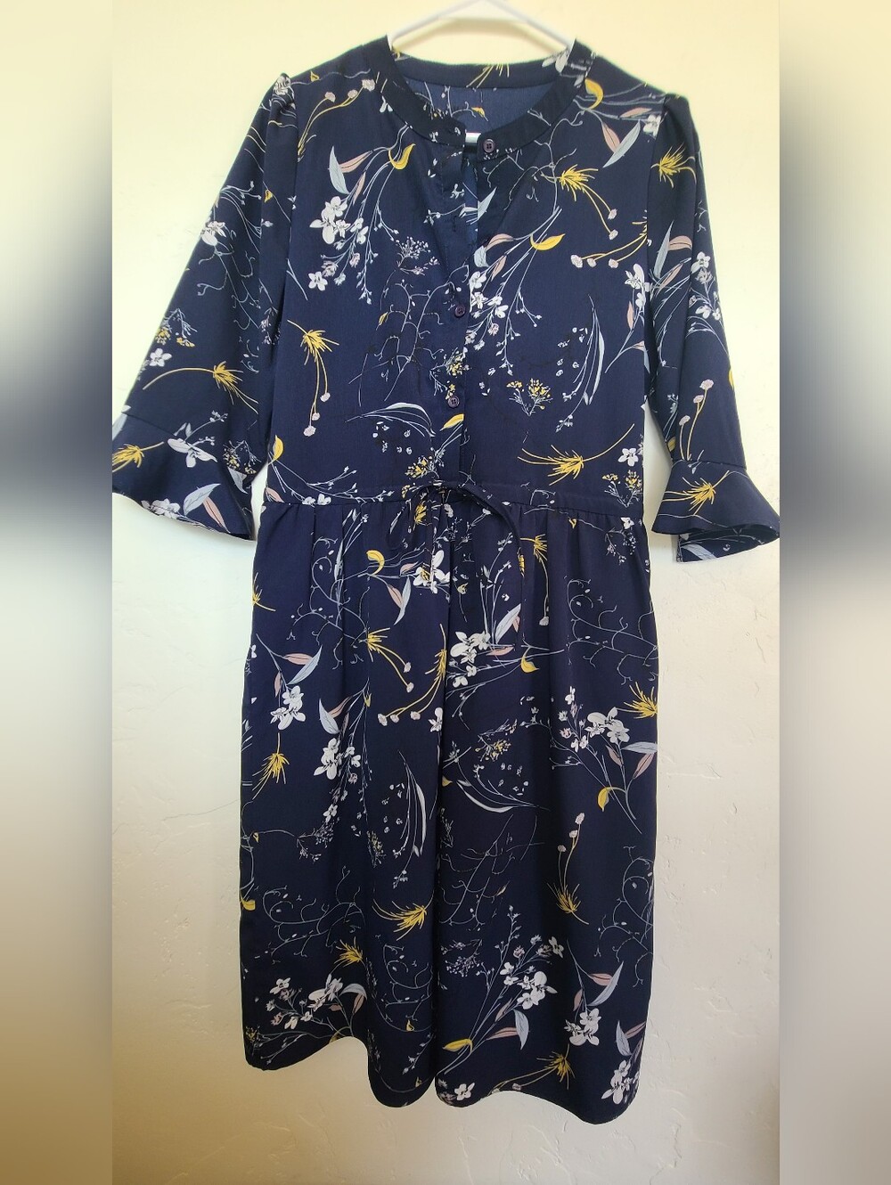 Floral Print Navy Midi Dress with Tie Waist